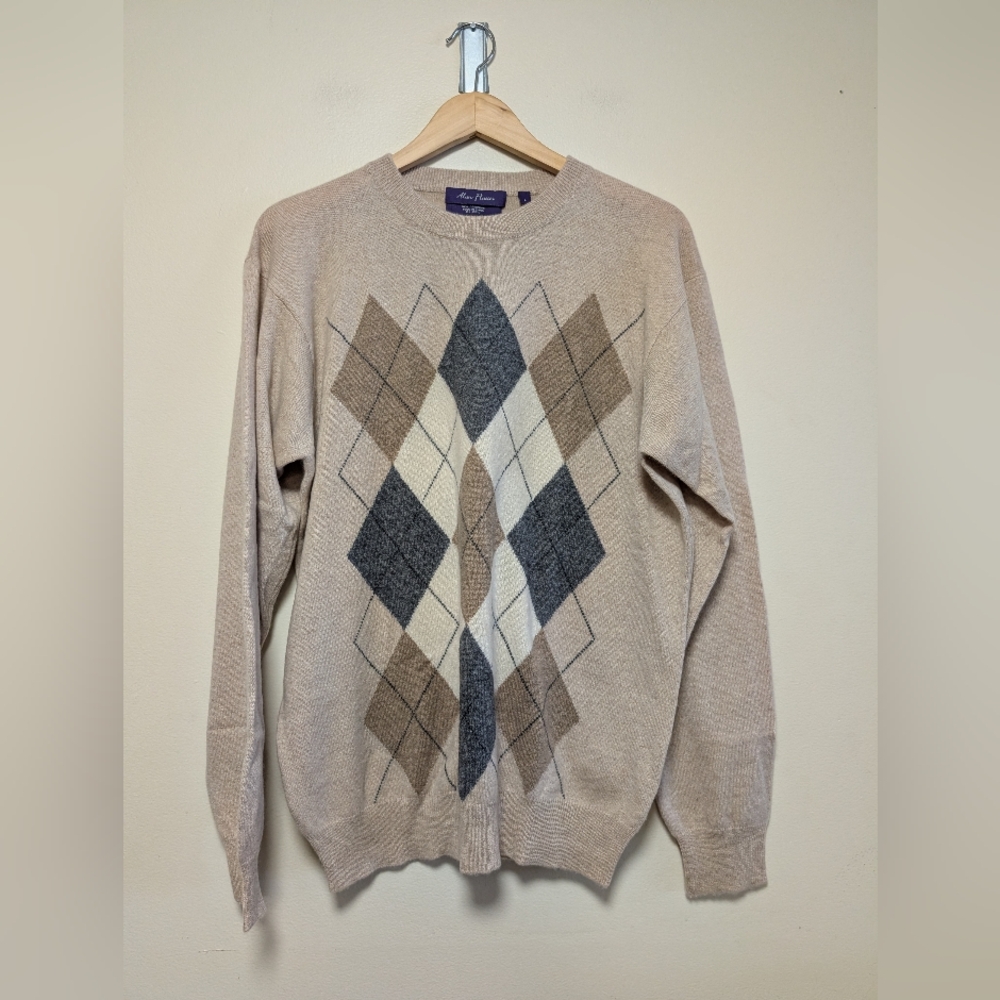 Alan Flusser Cashmere Argyle Sweater Large Beige Gray